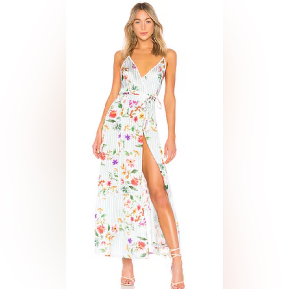 Tularosa White Floral Stripe Wrap Maxi Dress
